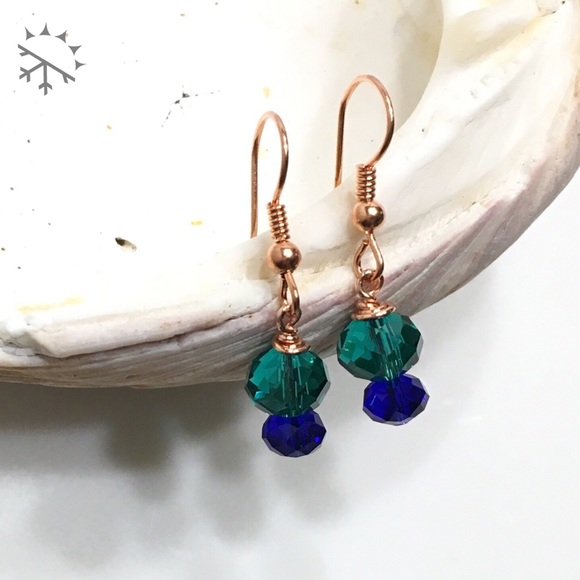 Teal & Blue Crystal & Copper Small Earrings - Picture 5 of 6